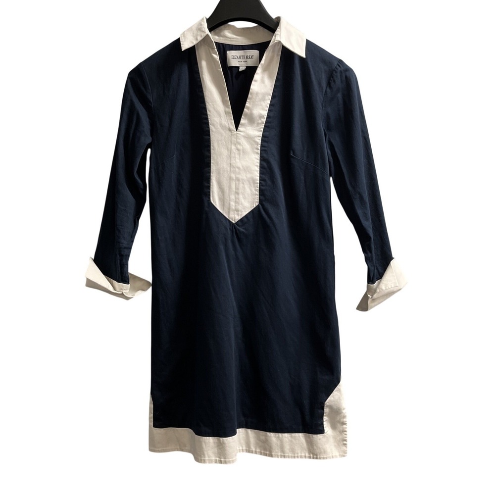 Elizabeth McKay‎ Dress Blue White Collared Shift Midi Size 6 Preppy Nautical